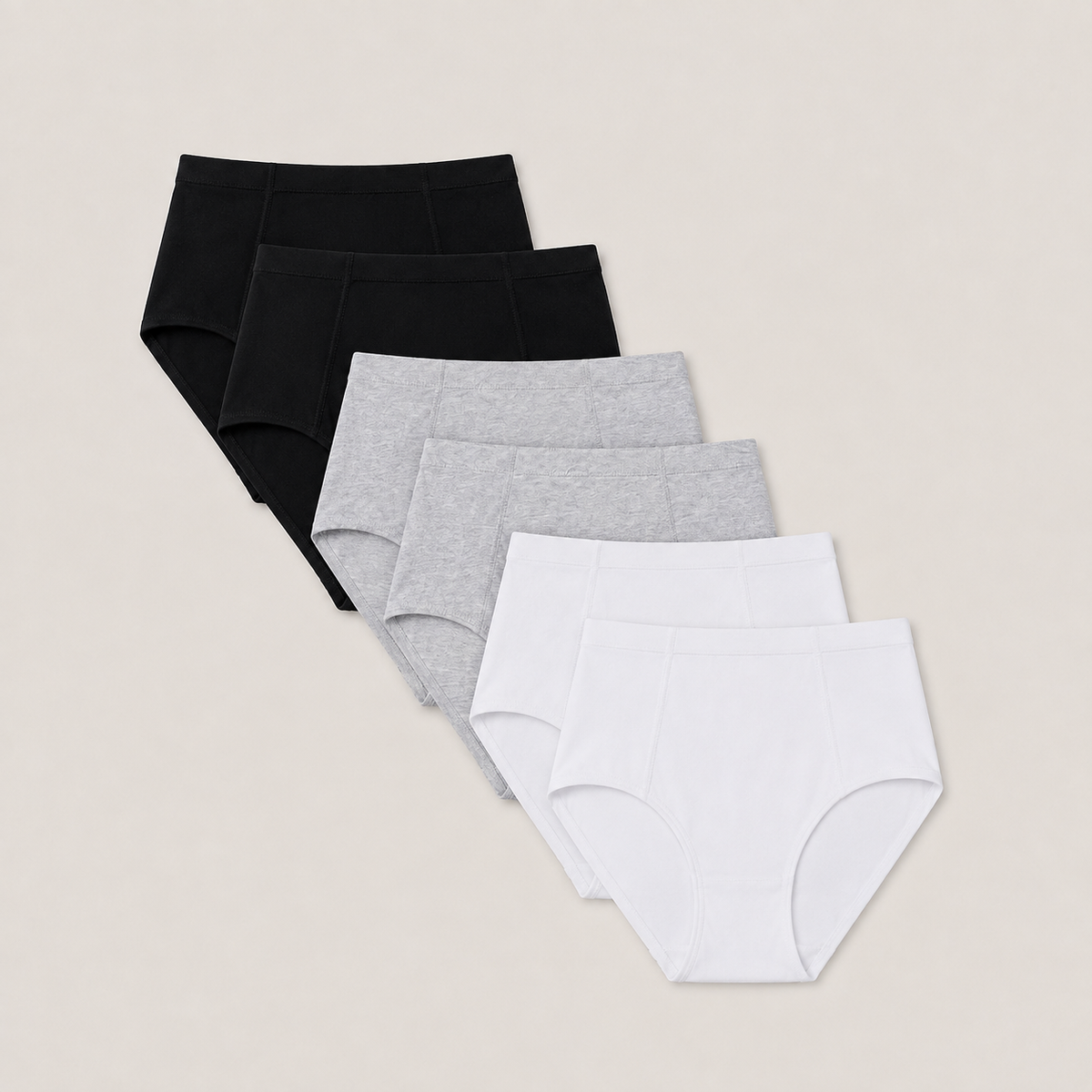 6 pairs of women's briefs arranged in a fan shape on a light beige background, showing three color options: black, heather gray, and white.