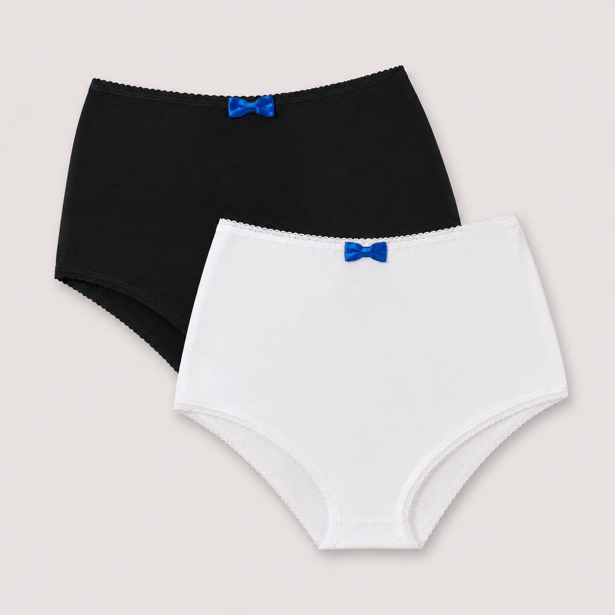 Two pairs of women's high-waisted briefs, one black and one white, each featuring a small blue bow detail at the center front waistband, displayed on a light beige background.