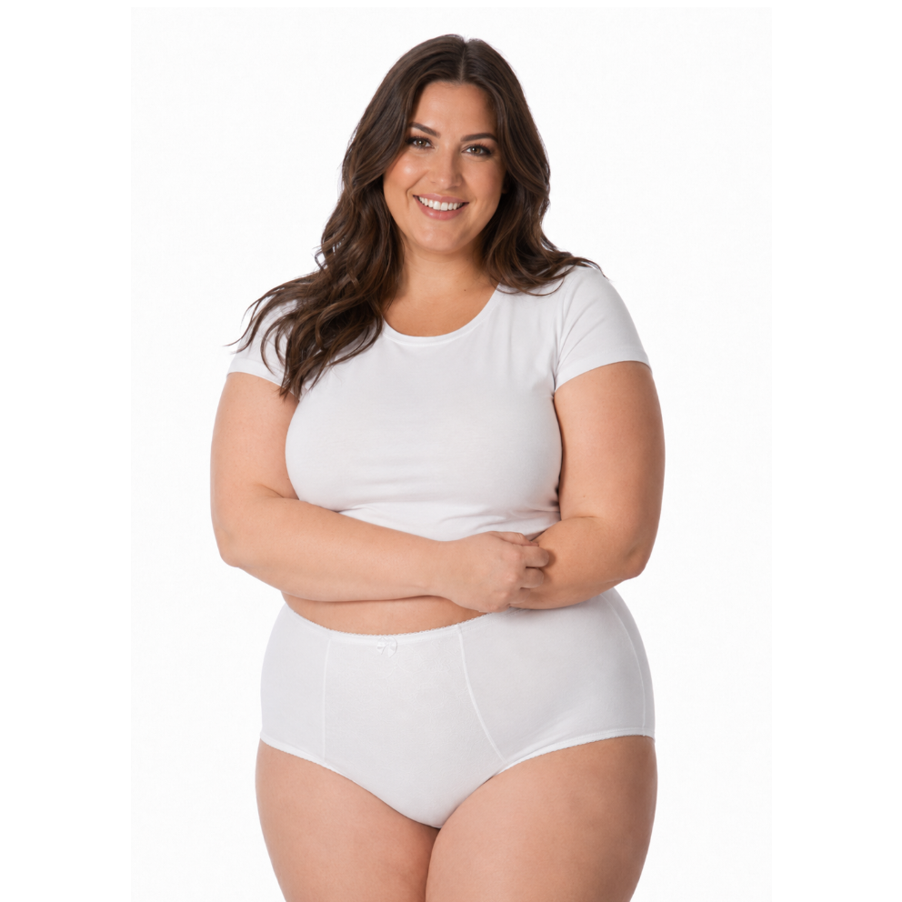 A smiling woman with long dark brown hair models a white short-sleeve crewneck t-shirt and matching white high-waisted briefs against a plain white background.