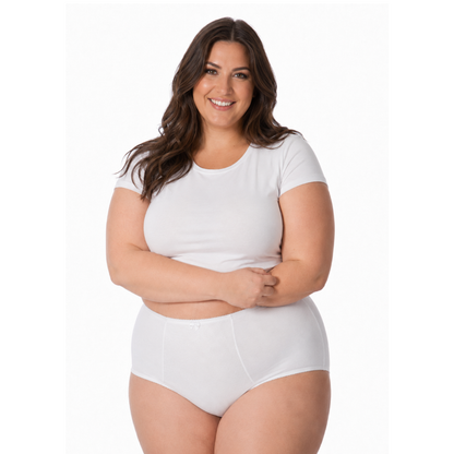 A smiling woman with long dark brown hair models a white short-sleeve crewneck t-shirt and matching white high-waisted briefs against a plain white background.