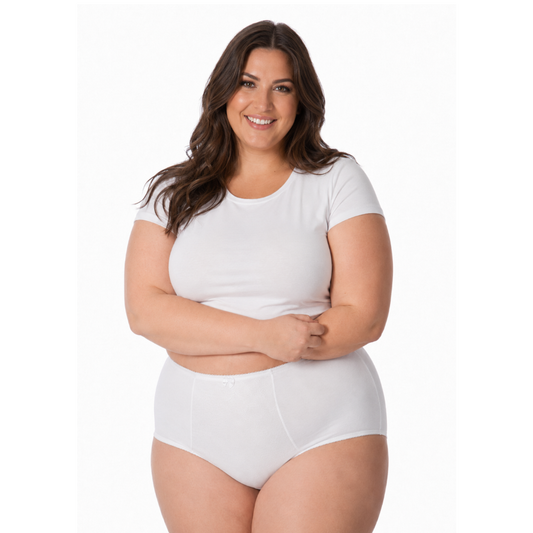 A smiling woman with long dark brown hair models a white short-sleeve crewneck t-shirt and matching white high-waisted briefs against a plain white background.