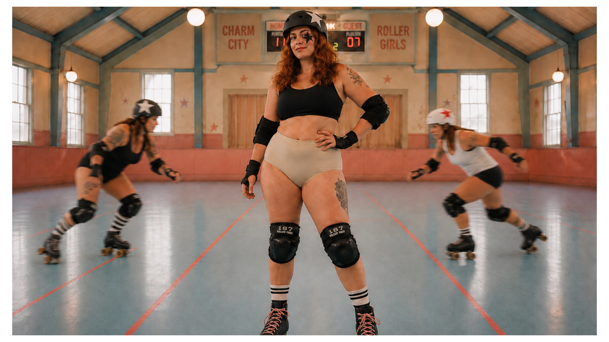 A woman in a black crop top and beige roller shorts stands in the center of an indoor roller rink, wearing black knee pads and wrist guards. Two other roller skaters are blurred in the background under bright overhead lights.