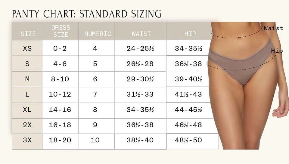 Panty chart with standard and combined sizing for women's underwear.