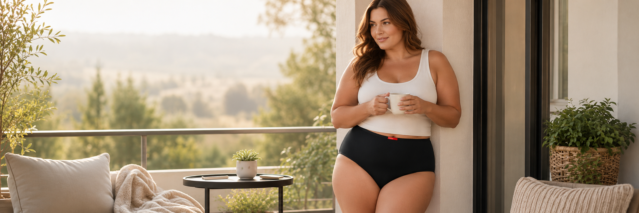 Woman standing on a balcony holding a cup, with a scenic view in the background