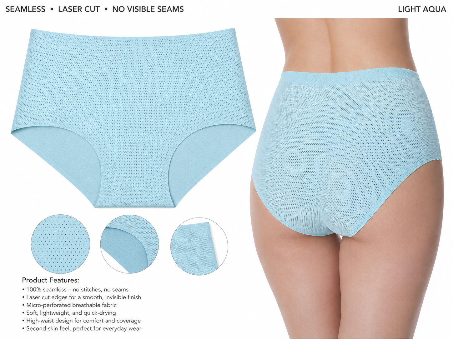 Light blue underwear with laser cut edges and no visible seams on a white background.