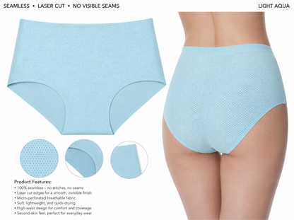 Light blue underwear with laser cut edges and no visible seams on a white background.
