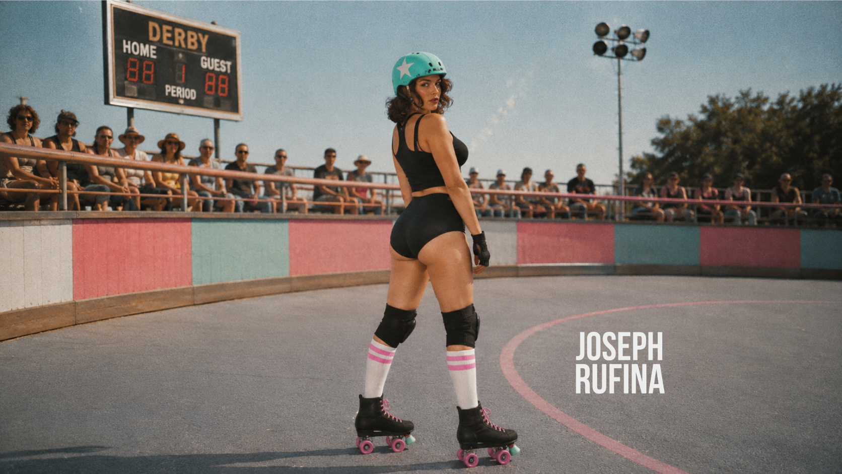 A woman in a black outfit and teal helmet stands on roller skates in an outdoor roller rink, with a crowd in the stands and a scoreboard in the background. The text 'JOSEPH RUFINA' appears on the right.