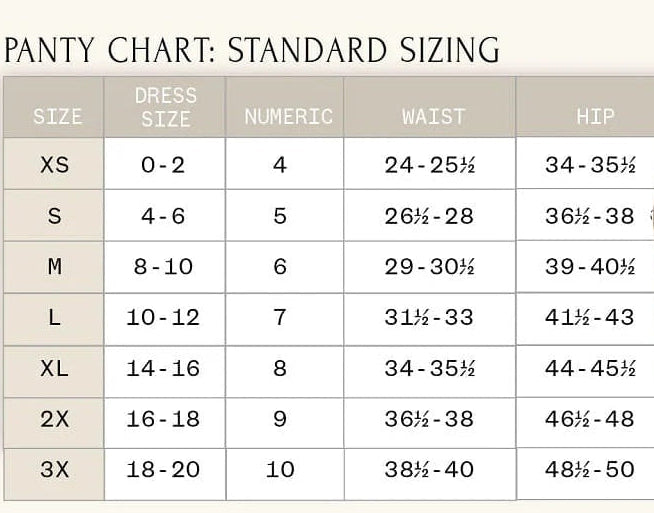 Panty chart with standard and combined sizing for women's underwear.