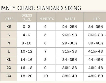 Panty chart with standard and combined sizing for women's underwear.