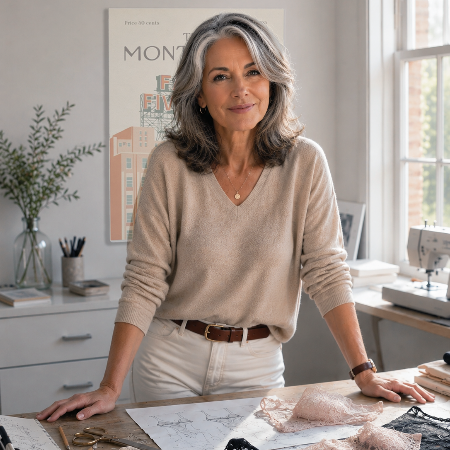 A smiling older woman with gray hair stands at a desk in a bright home office or sewing room, wearing a beige V-neck sweater, white pants, and a brown belt. Papers, fabric, and sewing materials are spread on the desk, with a window and sewing machine in the background.IN MONTREAL