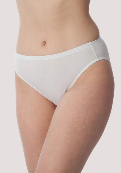 A close-up of a model's lower torso wearing a pair of light beige or off-white sheer mesh panties against a plain white background.