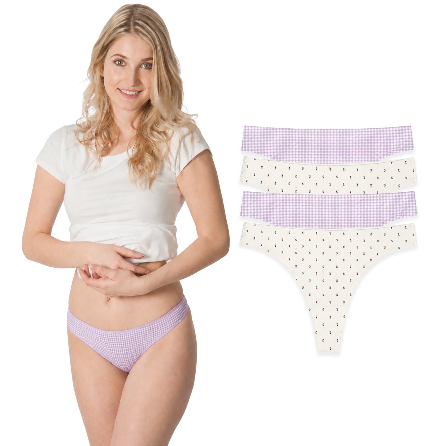 Cotton Spandex Thong 4 Pack | Floral and Lilac Checkered