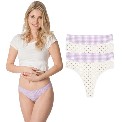 Cotton Spandex Thong 4 Pack | Floral and Lilac Checkered